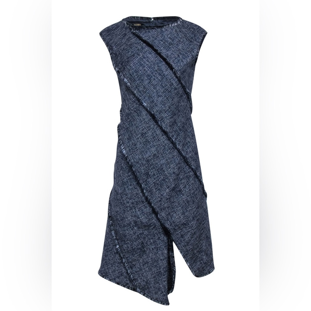 Escada - Navy & White Cotton Tweed Shift Dress w/ Fringe Detail Size 40